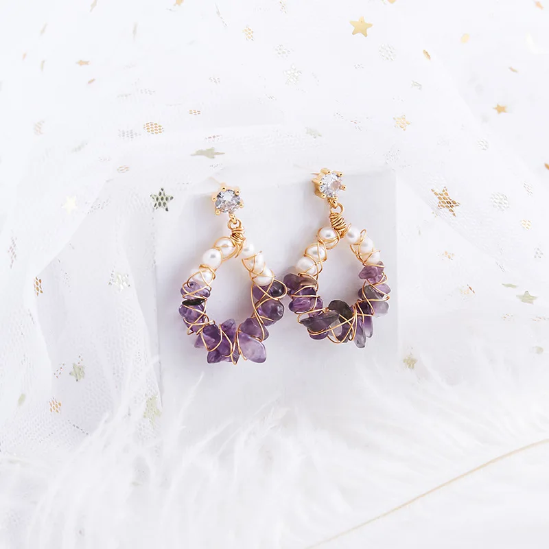 

New Elegant Design Natural Stone Earrings Fashion Sweet Fresh Water Pearl Copper Wire Winding Earring Wholesale