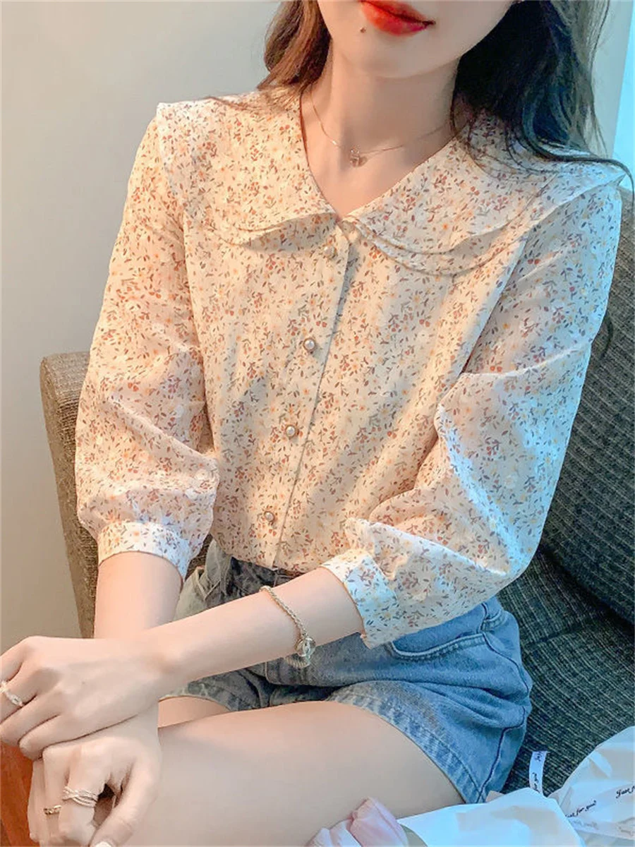 

Woman Spring Summer Style Blouses Tops Lady Casual Half Lantern Sleeve Peter Pan Collar Blusas Tops DF4475