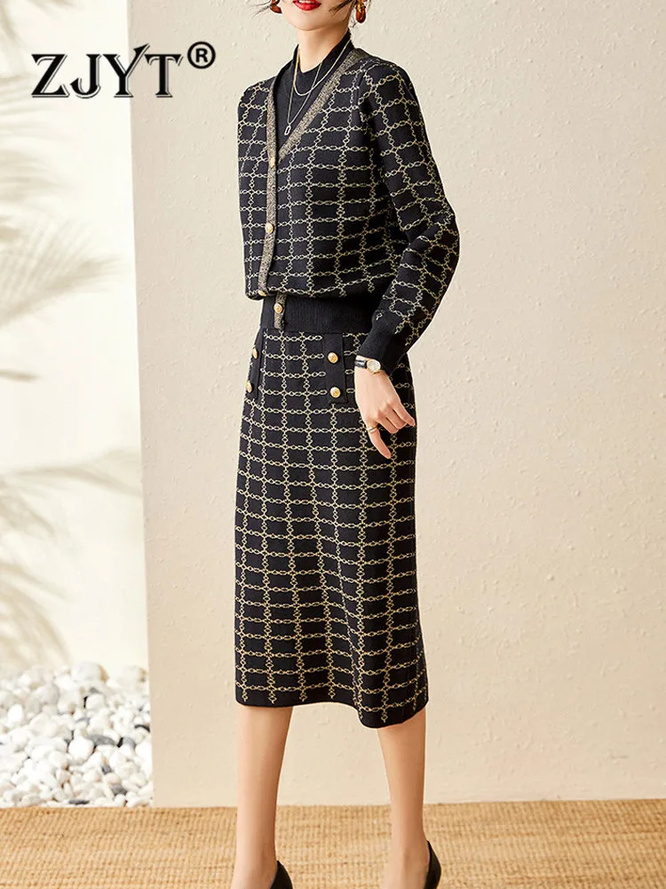 

ZJYT Runway Fashion Plaid Sweater and Skirt Set 2 Piece Women Elegant Knitted Dress Suits Vintage Casual Autumn Winter Outfits