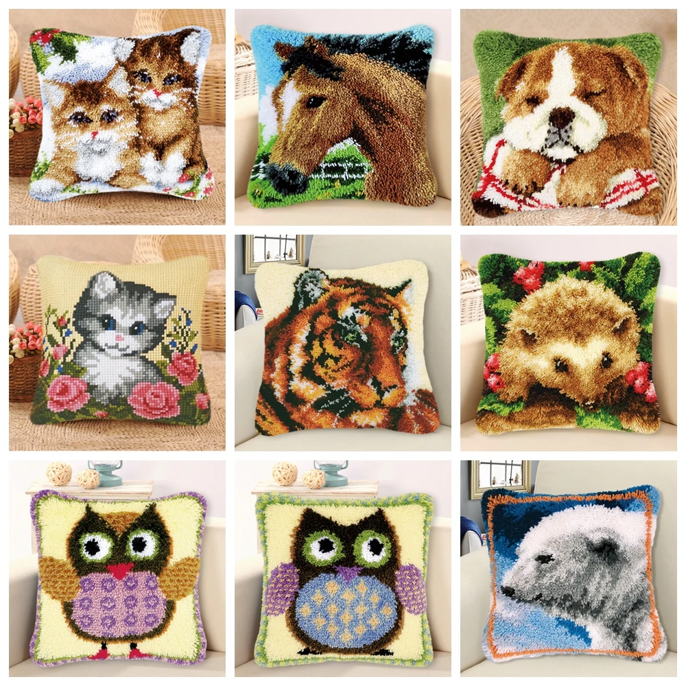 

Animals Tiger Bear Pattern Latch Hook Kit Knot Pillow Package Set For Needlework Latch Hook Kit Cushion Pillowcase Knooppakket