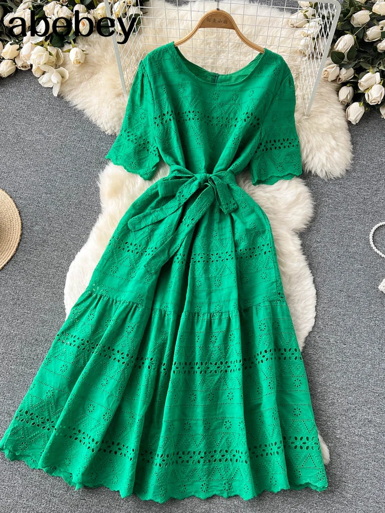 

White/Green/Red 2022 Summer New Lace Embroidery Dress Women Short Sleeves Dresses Female Vintage Party Beach Maxi Long Dresses