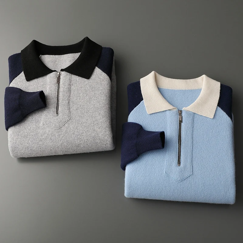 100% чистая шерсть цветная молния с поворотными рукавами пуловер лацканами