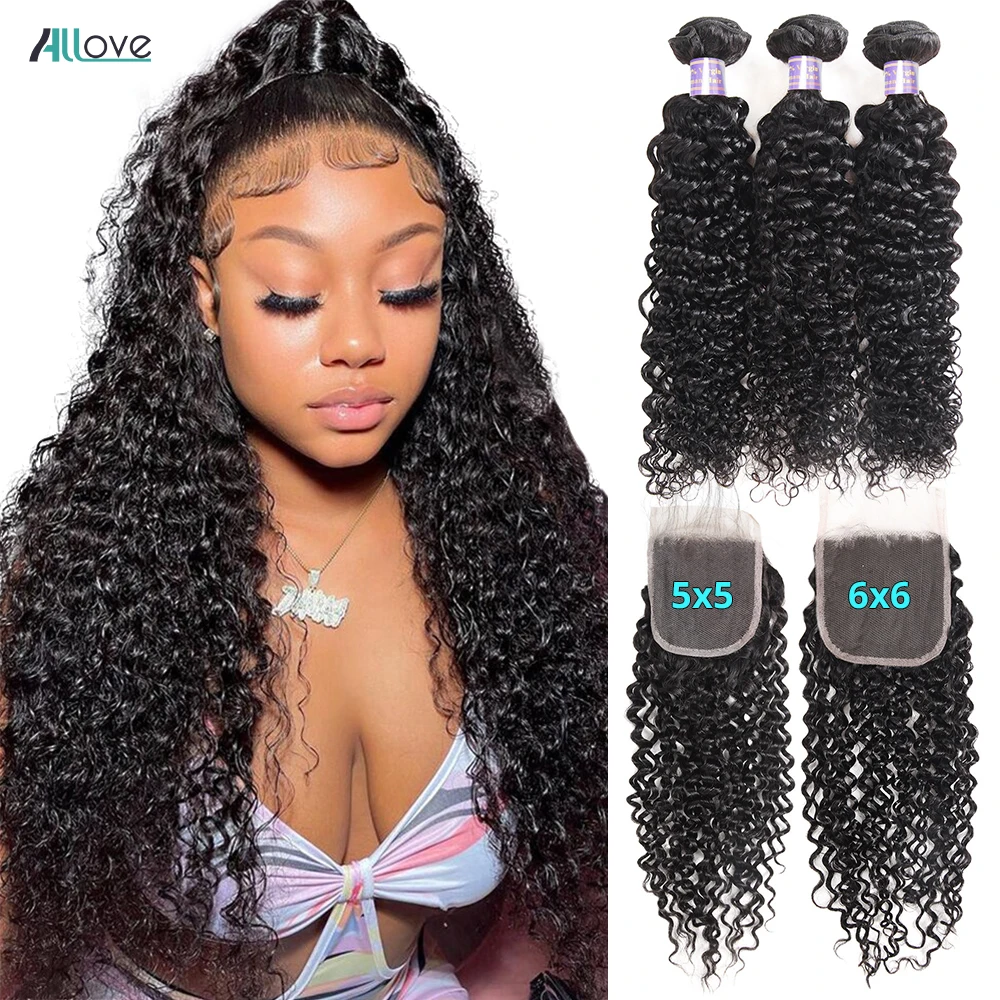 Allove 6x6 Closure With Bundles Curly Hair Bundles With Closure Brazilian Remy Hair Weave 3 Bundles With Closure Hair Extension