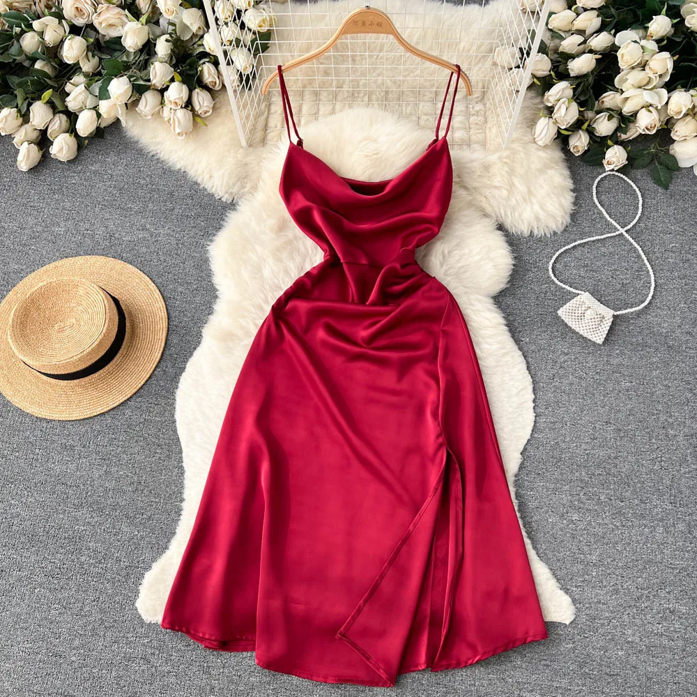 

Chic Satin Sexy Split Swinging Collar Slip Dress A-line Dress Evening Party Vestidos Summer Beach Vacation Women Sundress