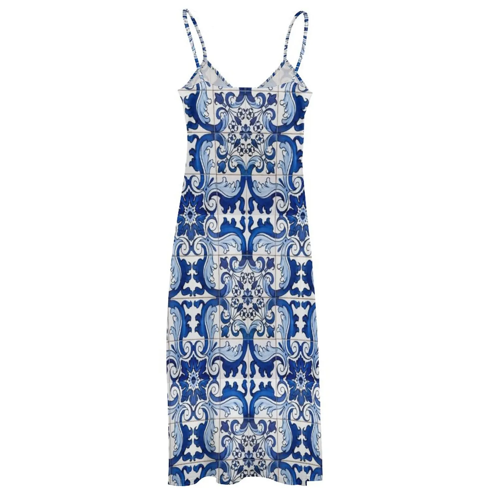 Антикварное классическое длинное платье без рукавов из плитки Azulejo с цветочным