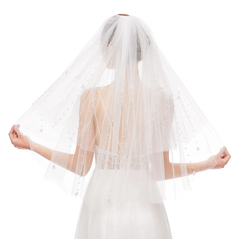 

Wedding Bridal Veil with Comb Illusion Tulle Pearl Beads Sheer Veils Hair Accessories for Bride 2 Tiers Elbow Length