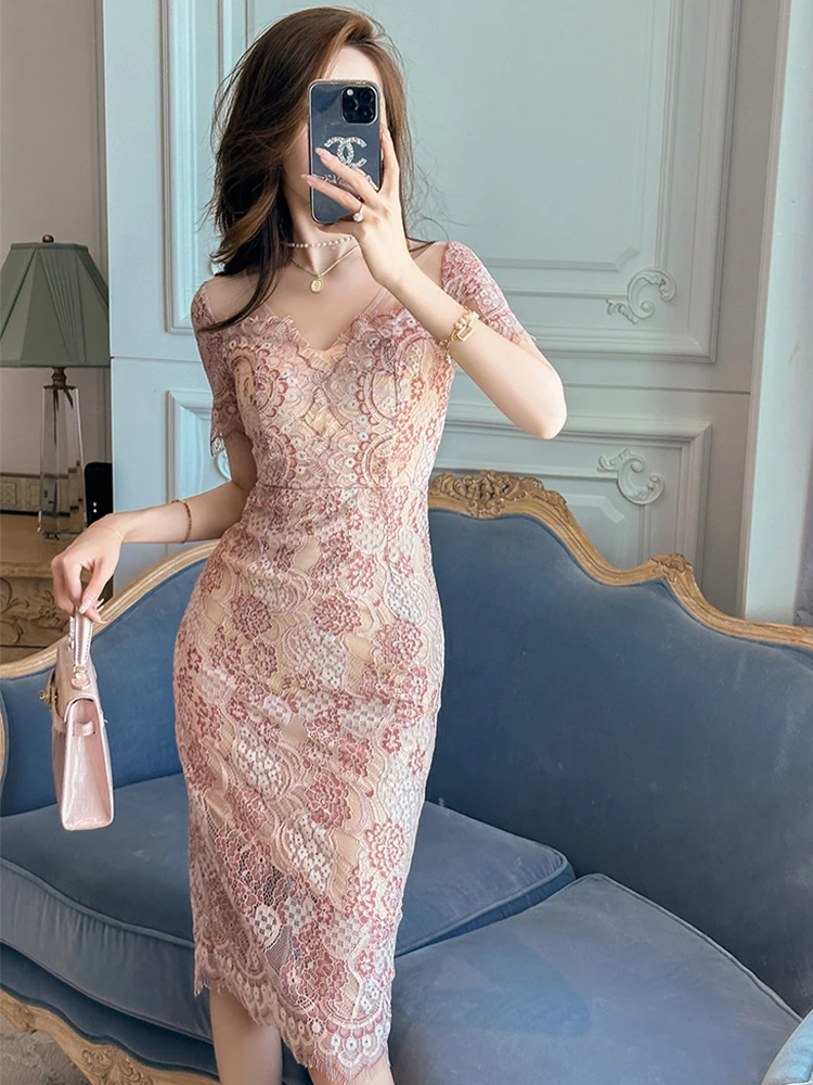 

Summer Long Dress Women Elegant Lace Embroidery Floral Sheer Sexy V-Neck Short Sleeve Slim Midi Robe Femme Mujer Vestido Clothes
