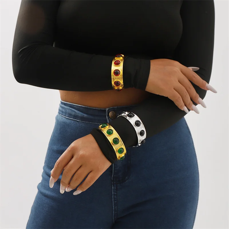 FFLACELL роскошный винтажный металлический широкий браслет с имитацией драгоценных