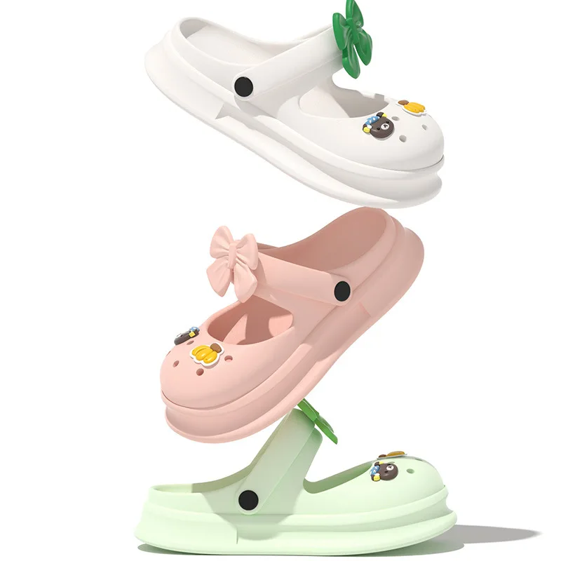 2023 Girls' Bow Tie Big Head Hole Shoes Women's Summer Home Indoor Thick Sole Anti slip Students Wear Cool Slippers Outside