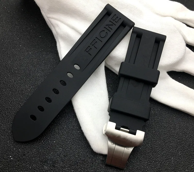 

24mm Black watch band nature soft Silicone Rubber Watchband fit For Panerai Strap tools Butterfly Buckle for PAM111/441 belt