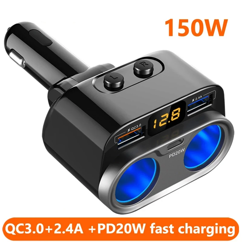 

Type C PD QC3.0 2 USB Mobile Phone Fast Car Charger 150W High Power Cigarette Lighter Socket Splitter Power Adapter Car Charger