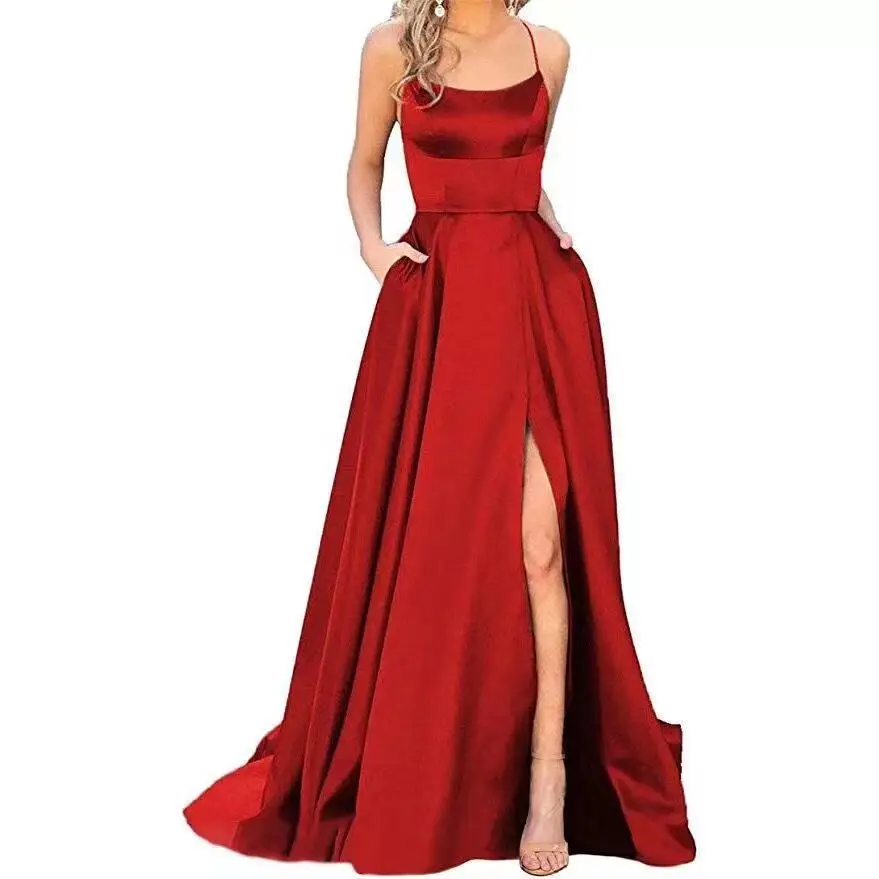 

Prom Dresses Ladies Long Women Elegant Halter Backless Long DressesCrisn Satin Spaghetti Party Prom Dress Side Slit Wedding