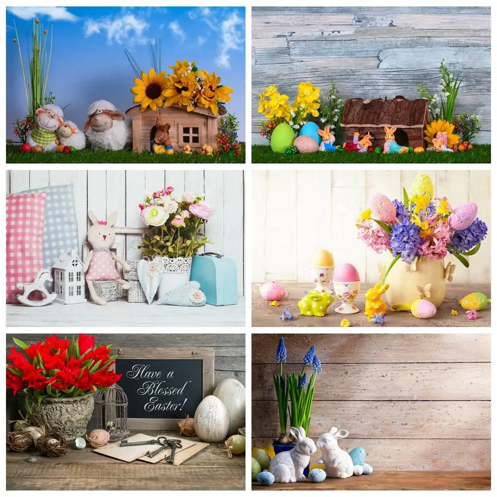 Easter Decoration Wooden Board Photography Backdrop Banner Poster Custom Children Flower Eggs Cabin Plank Party Photo Background
