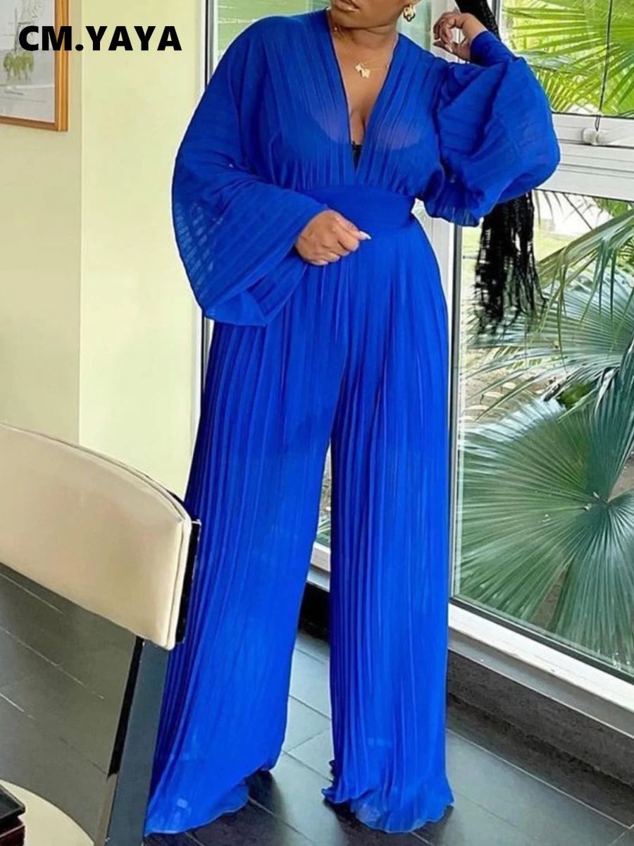 

Женский шифоновый костюм CM.YAYA, плиссированная блузка с длинным рукавом и V-образным вырезом и широкие брюки, комплект из двух предметов, спор...