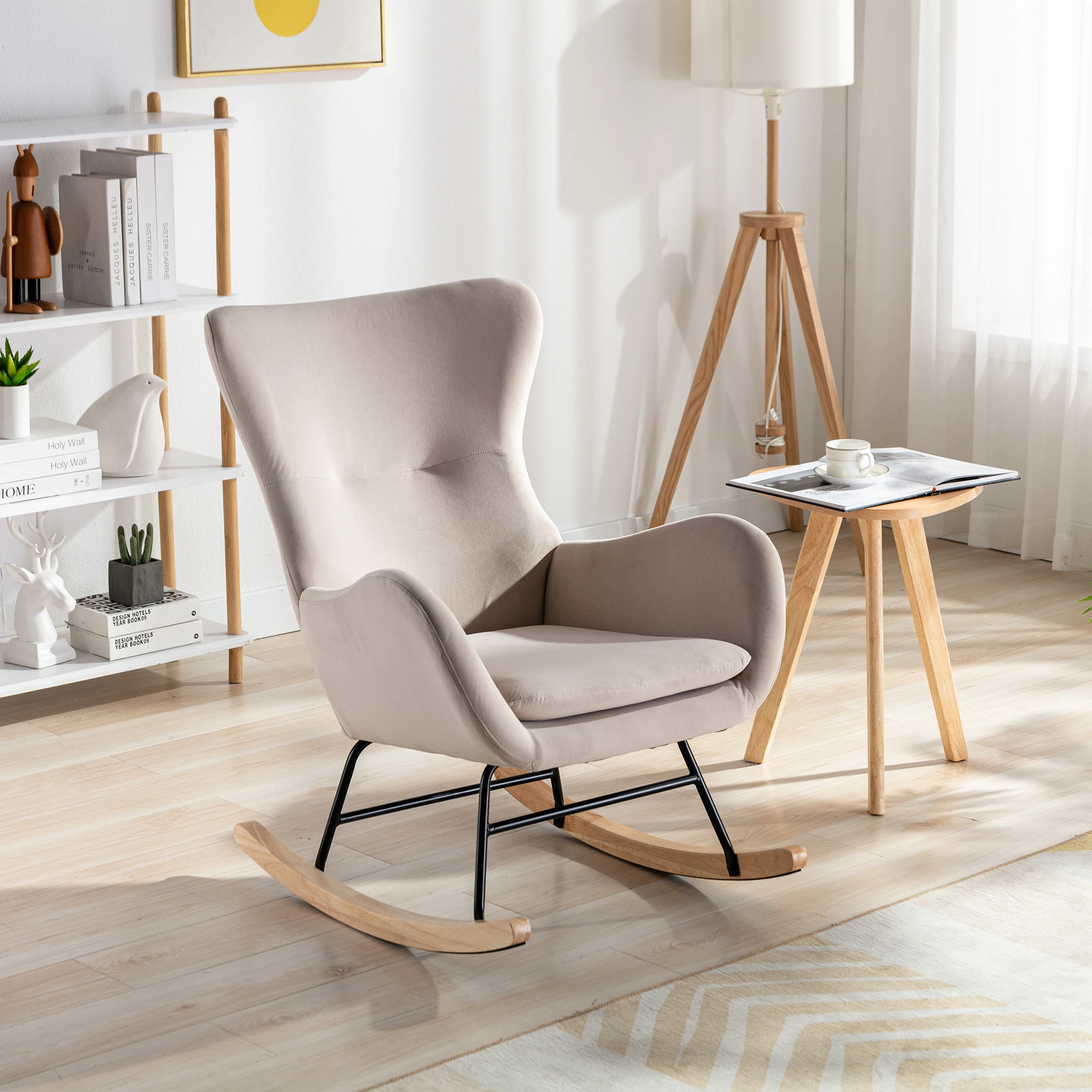 

Velvet Fabric Padded Seat Rocking Chair With High Backrest And Armrests