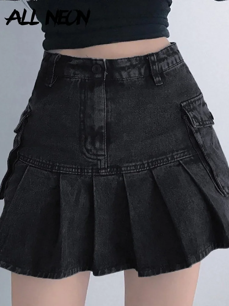 ALLNeon Mall Goth Y2K High Waist Jean Skirts E-girl Aesthetics Black Denim Pleated Skirts with Big Pockets Grunge Punk Outfits