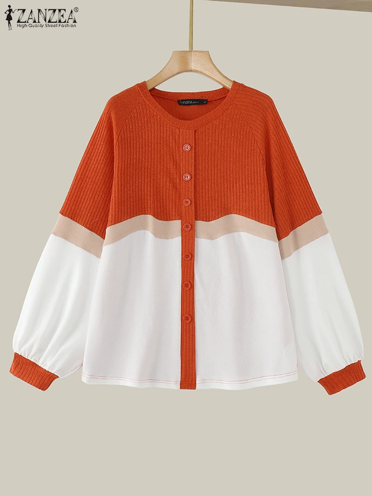 Женская вязаная лоскутная блузка ZANZEA модные топы с длинными рукавами и цветными