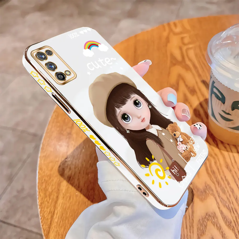 

For Realme 7 Pro Realme 7 4G 5G 7i C17 Luxury Square Case Cartoon Girls Plating Soft TPU Cover Shockproof Cases