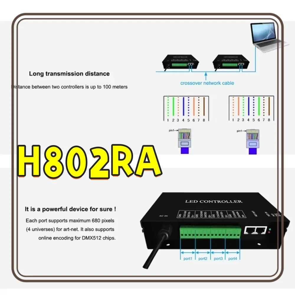 Фото (4096 пикселей) Artnet Eternet-контроллер SPI Pixel H802RA, 4 порта, AC110V-220V, поддержка MADRIX Jinx для светодиодной лампы WS2811 WS2812 №1