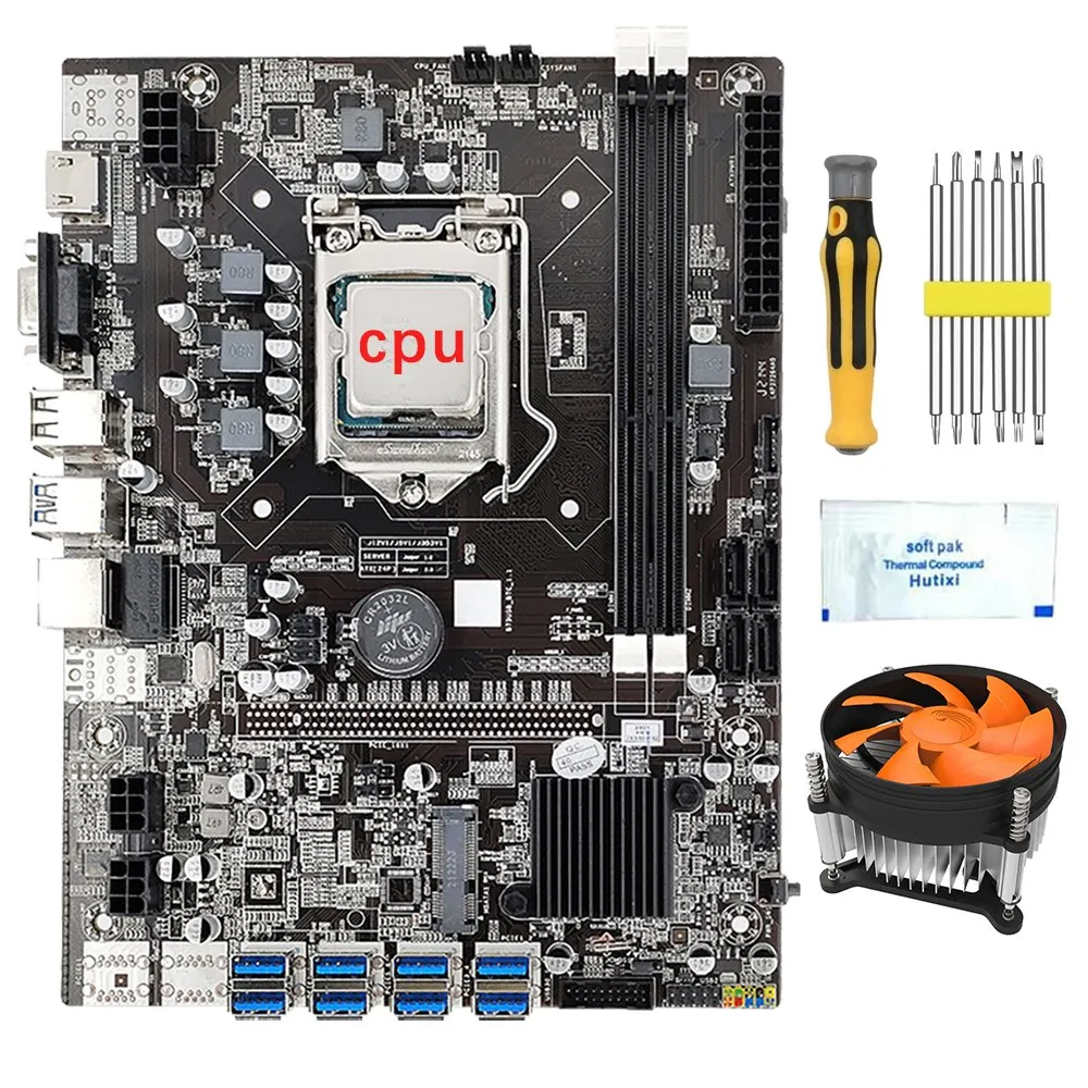 B75 8 GPU BTC Mining Motherboard+CPU+Fan+Screwdriver Kit+Thermal Grease 8 USB3.0 to PCIE1X Slot LGA1155 DDR3 SATA3.0 Set