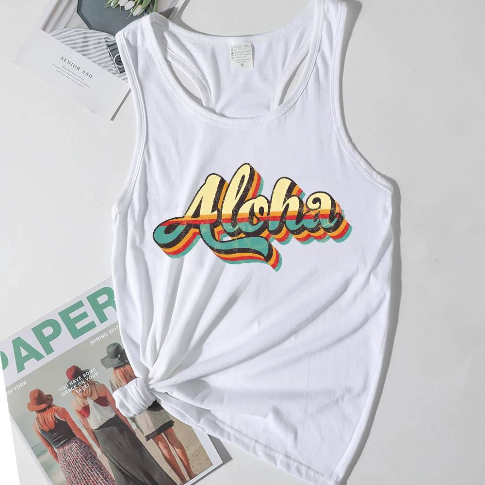 

Aloha Hawaii Beach Tank Top Women 2022 Summer Hawaii Tops Women Clothing Print White Top Aloha Vintage Sunset