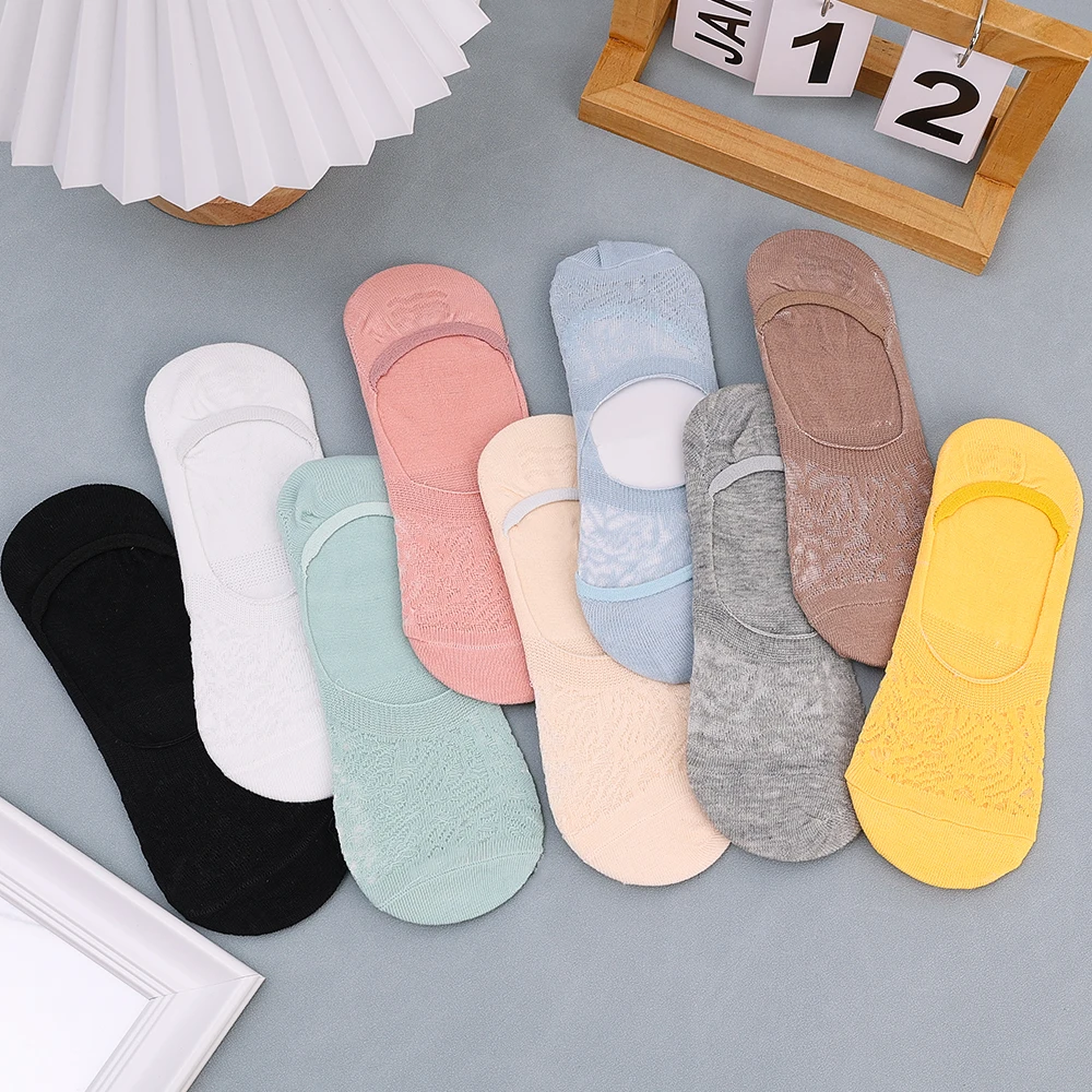 5pairs Women Boat Socks Summer Invisible Mesh Ankle Short Stockings Silicone Non-slip Breathable Lace Solid Low Tube Cotton Sock
