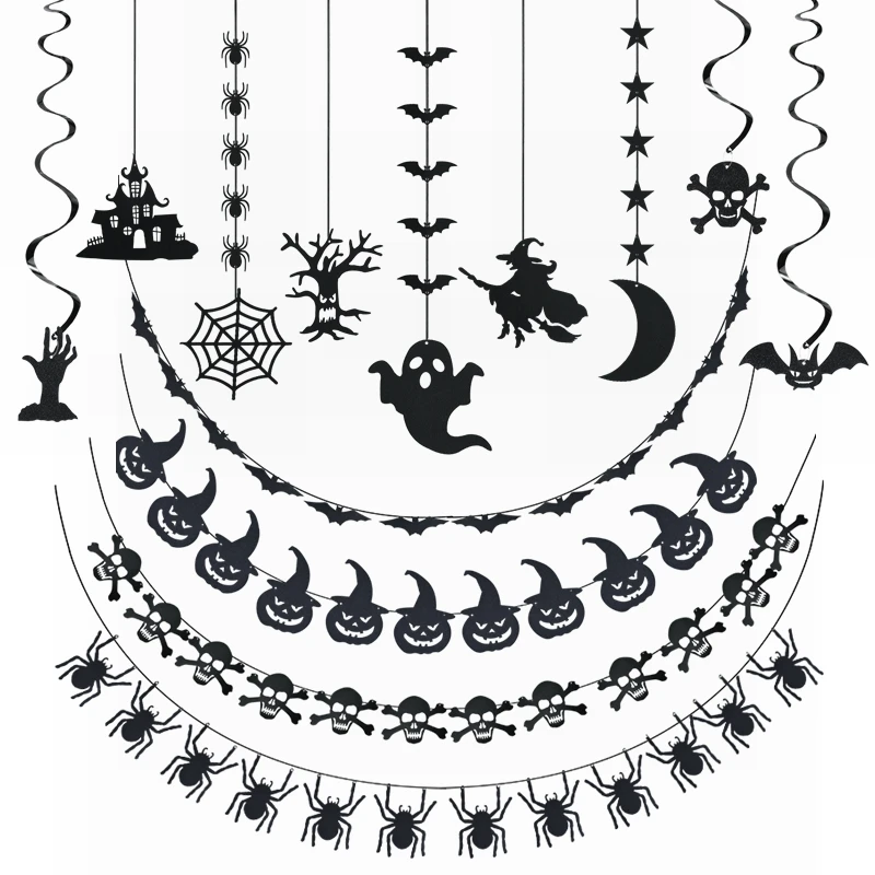 

Halloween Banner Decoration Black Bat Skull Witch Pumpkin Hanging Garland for Happy Halloween Party Home Bar Haunted House Decor
