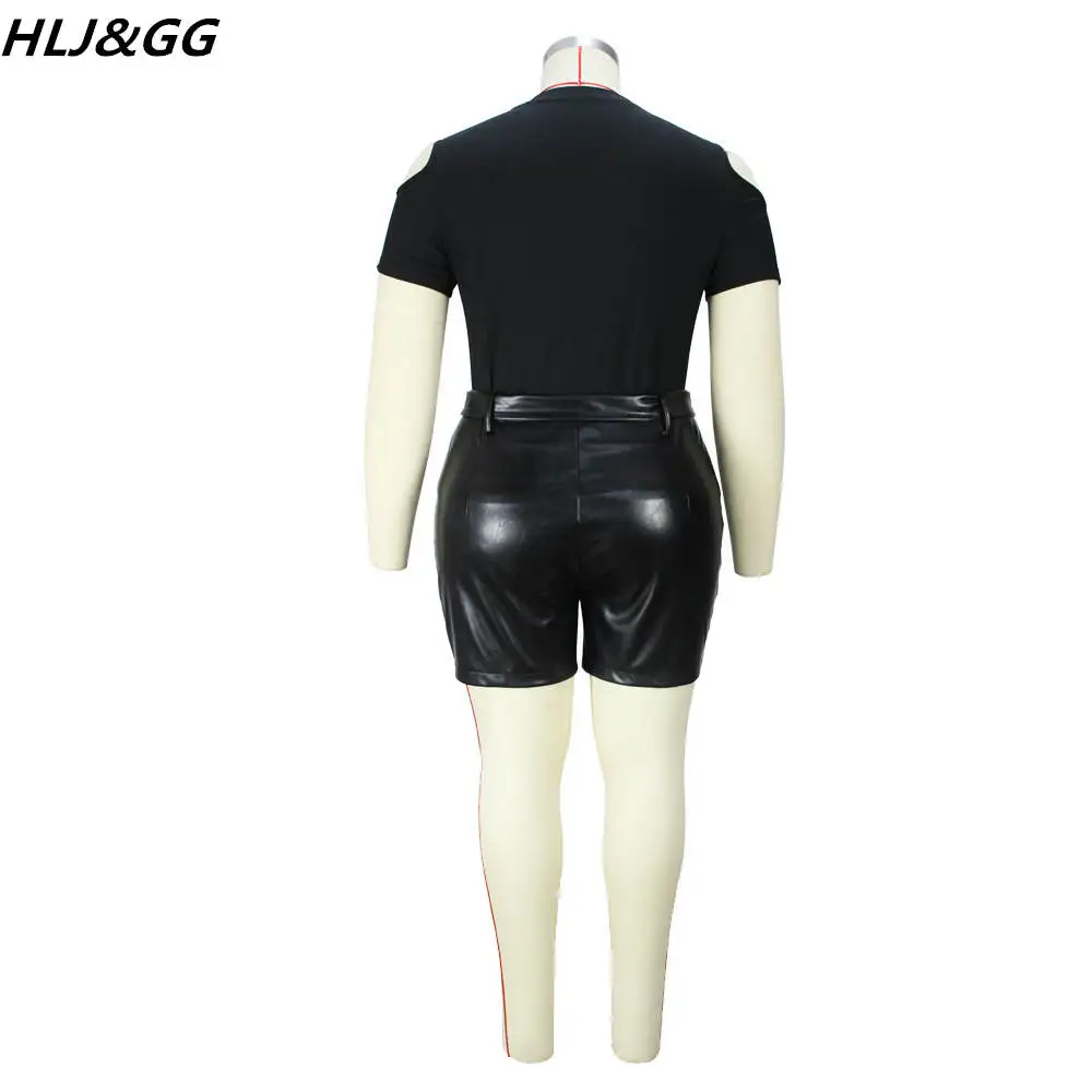 HLJ&GG Black Women Sexy Slim Two Piece Sets Summer PU Leather Skinny Shorts + Off Shoulder Top Outfits Plus Size Matching Suits