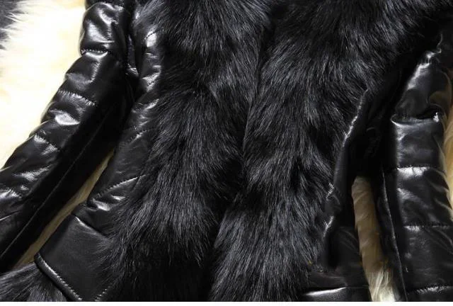 Winter Faux Fur PU Leather Stitching Coat Faux Fox Fur Collar Long Korean Slim Leather Coat Skinny  Fur Black   High Street