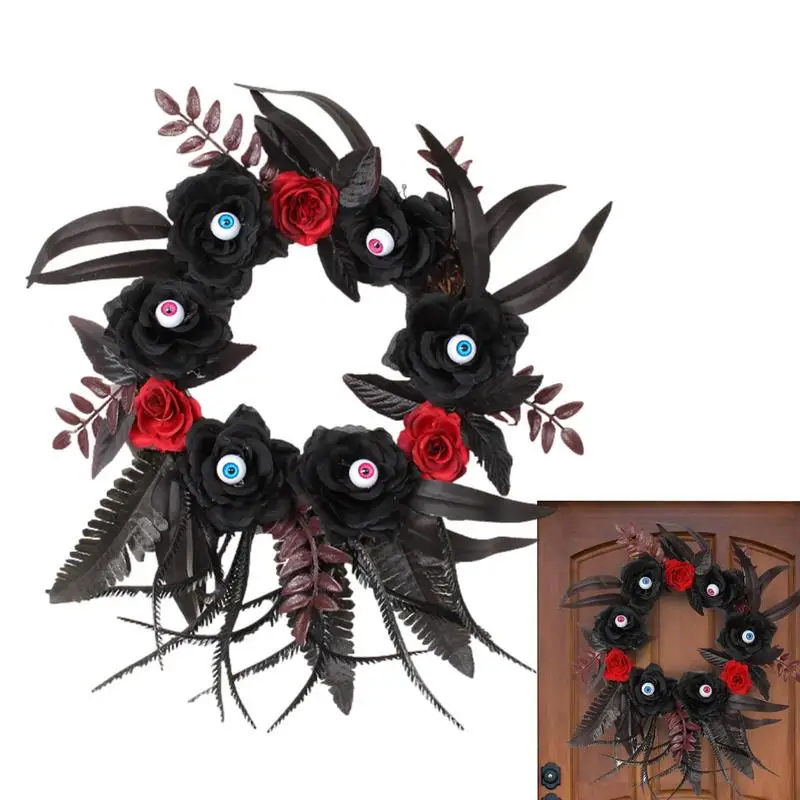 

Black Feather Wreath Gothic Halloween Wreath Door Decorations 35cm/13.78Inch Halloween Garland Artificial Roses Spooky Home