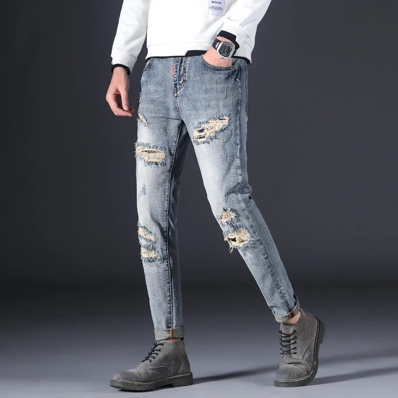European and American Men's Perforated Jeans Trend Brand Slim Fit Ripped Jeans Motorcycle Pants Men's Skinny Jeans