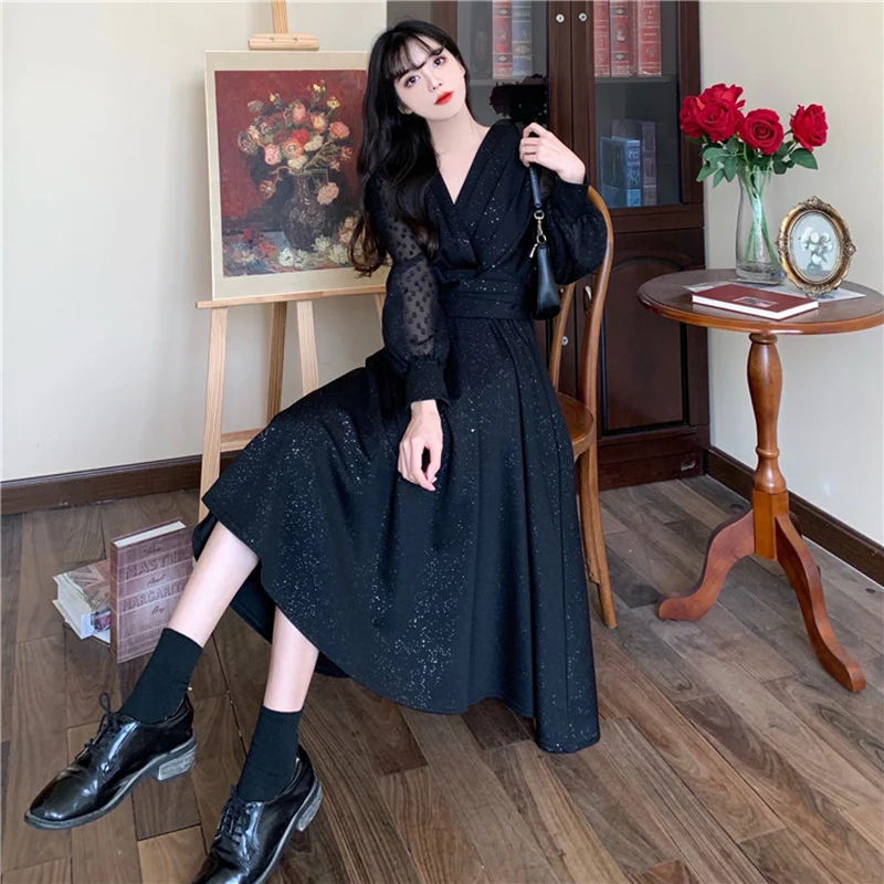 

4XL Bright Silk Dress For Women's V-Neck French Vintage Long Sleeve Dresses Lady Autumn Chiffon Gauze Elegant luxury Party Dress