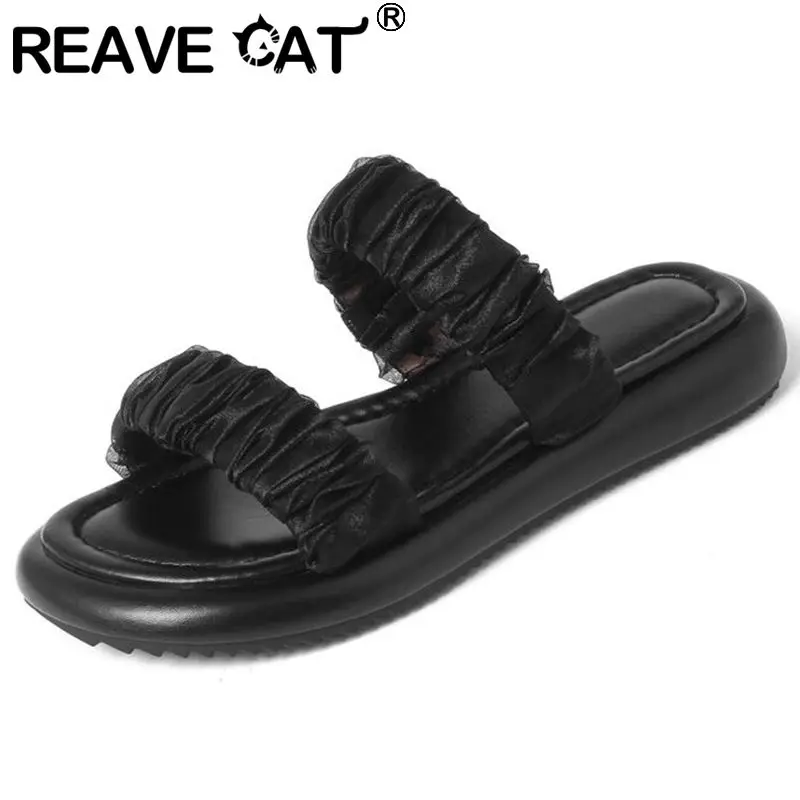

REAVE CAT 2022 Ladies Slippers Open Toe Thick Heels Silk Casual Rubber Sole Eu Size 34-39 Solid White Black Concise Summer S3663