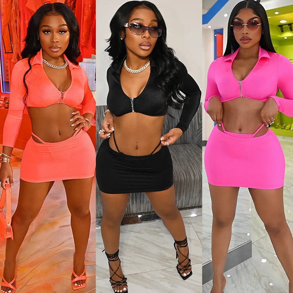 

Весна 2022, новинка, пикантное однотонное облегающее пальто Oluolin с длинным рукавом на молнии и короткая мини-юбка, комплект из трех предметов