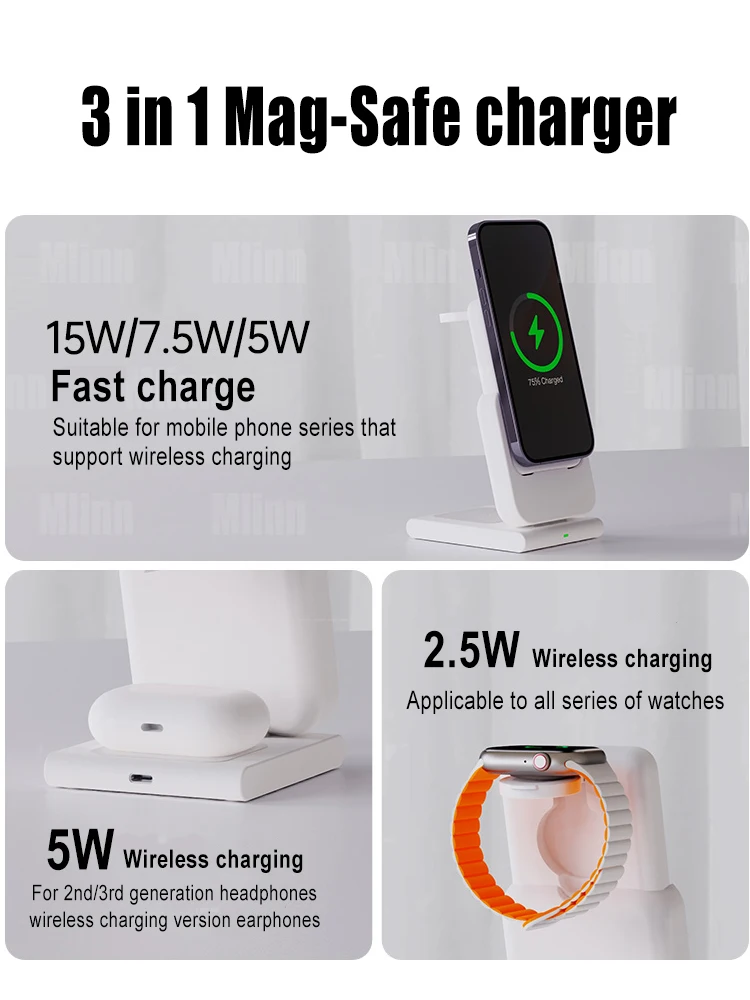 MacSafe 3 in 1 Magnetic Power Bank Wireless Charging Station 5000mAh External Auxiliary Battery For iPhone 14 13 12 Apple Watch