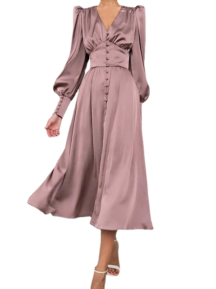 

2022 White Single Breasted Elegant Dress for Women Party Robe High Waist Satin Long Dress Chic Midi Dresses Lantern Sleeve Dress