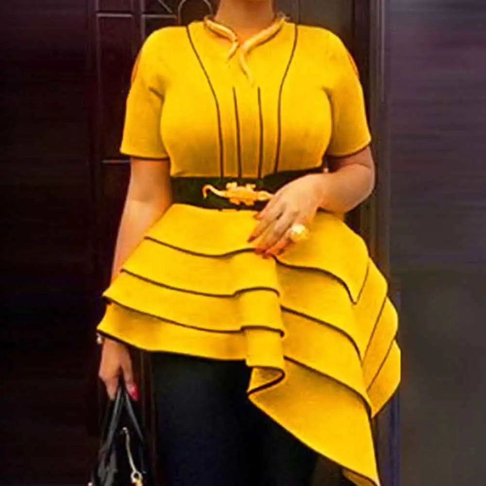 

Asymmetrical Plus Size Tops For Women Clothing Summer Yellow Irregular Fashion T Shirt Ladies Large Sizes Pullover Ruffle Tshirt