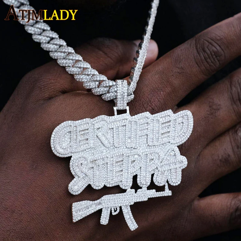 

New Bling Iced Out Letters Certified Steppa Gun Pendant Necklace Tow Tone Color Luxury Cubic Zircon AK47 Hip Hop Jewelry For Men