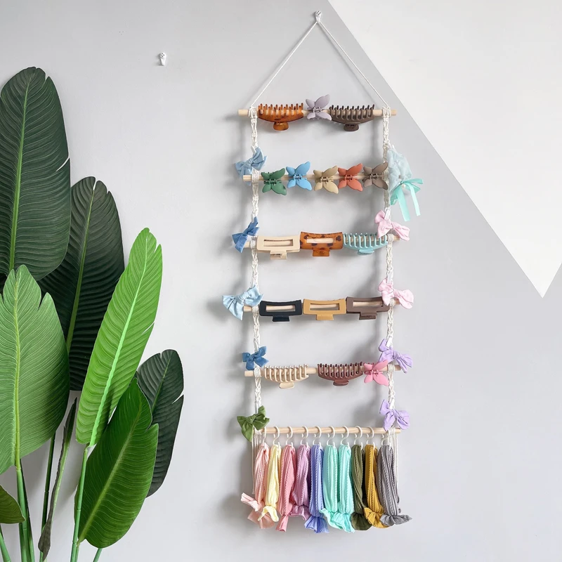New Bohemia Diy Artificial Woven Hair Accessories Hairpin Storage Rack Cotton Rope Tapestry Tassel Home Wall Hanging Decoration