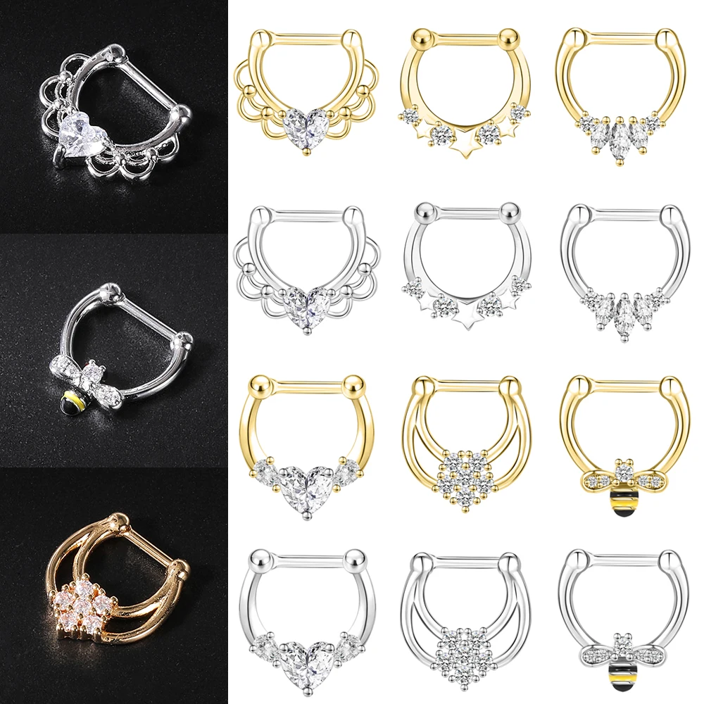 

ZS 16G Gold Plated Septum Ring Women Body Piercing Jewelry Heart Star Nose Ring Zircon Septum Clicker Helix Conch Rook Piercings