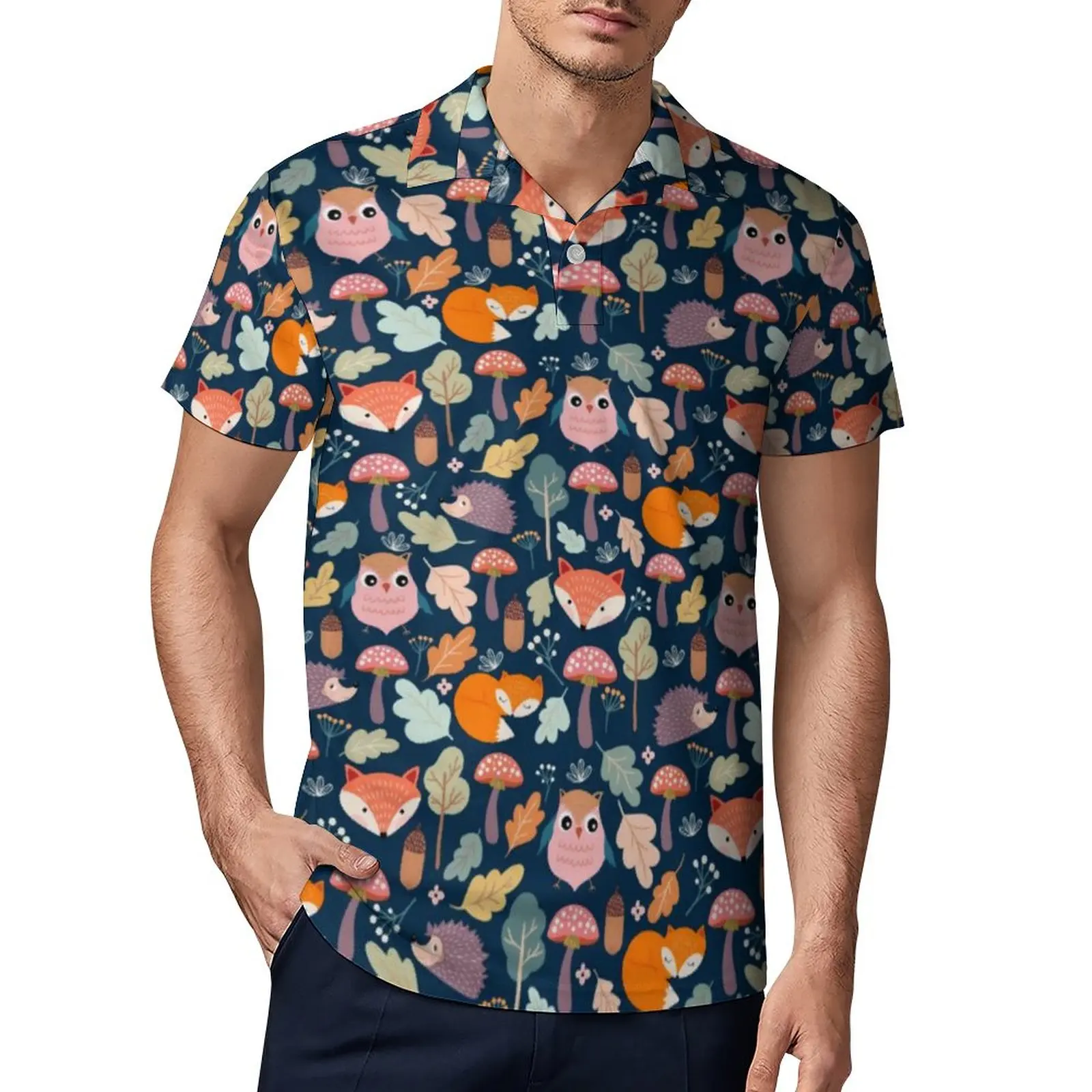 

Cute Fox Print Polo Shirts Wild Animal Mush Floral Casual Shirt Beach Vintage T-Shirts Males Short Sleeve Turn Down Collar Top