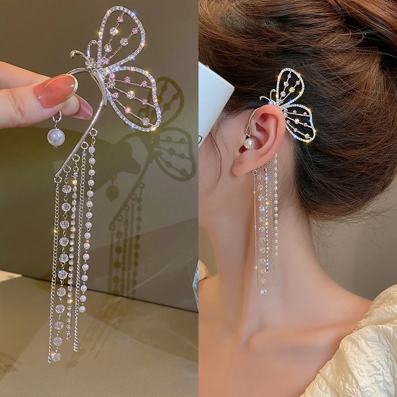 

2022 New Fashion Crystal Butterfly Clip Earrings Ladies Pearl Bead Ear Sleeve Long Tassel Charm Hollow Earring Clip Jewelry Gift