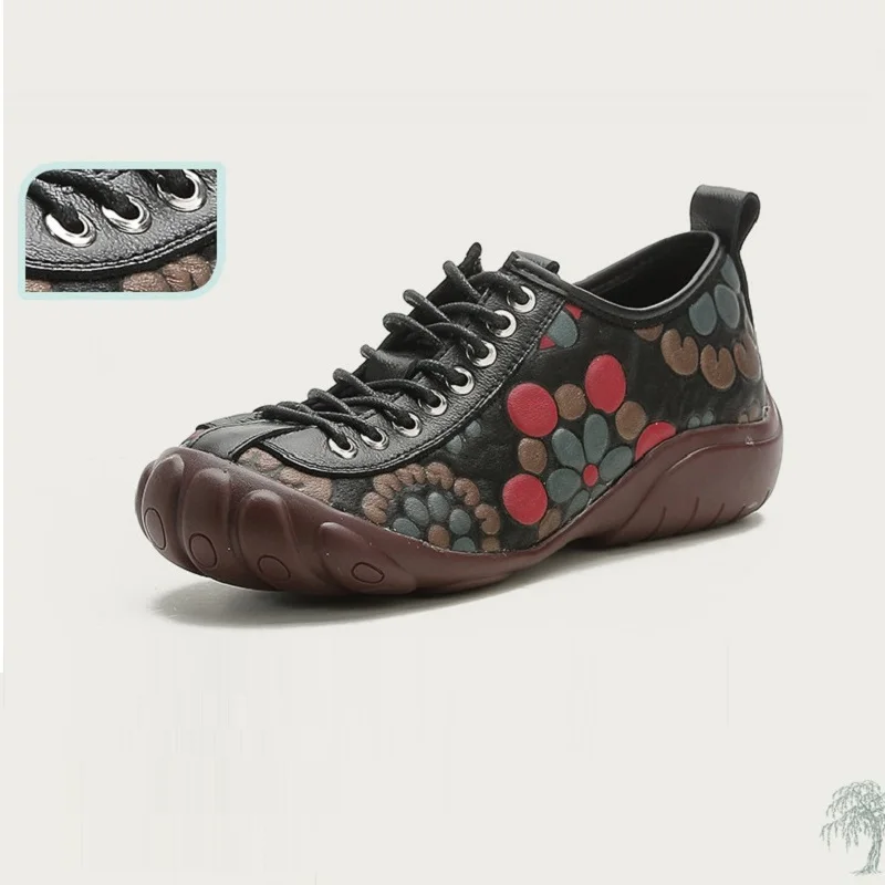 Lace Up Geunine Leather Shoes for Women Ballet Flats 2023 Mom Retro Stylish Loafers Round Toe Platfrom Internal Elevation Shoes