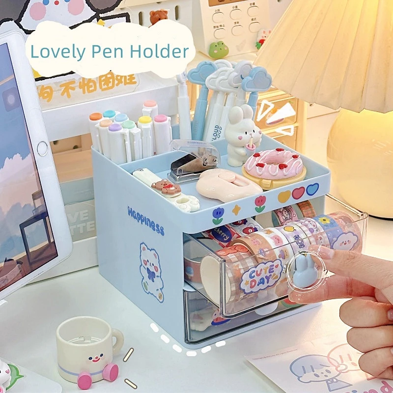 Cute Stationery Organizer Lovely Korean Fashion Pen Holder with Sticker Kawaii High Capacity Desktop Stationery Storage Box