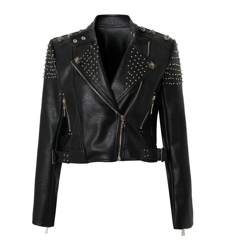 European And American Fashion Personality Trend Women'S Leather Dress Spring And Autumn Motorcycle Jacket Slim  Short Style Hand