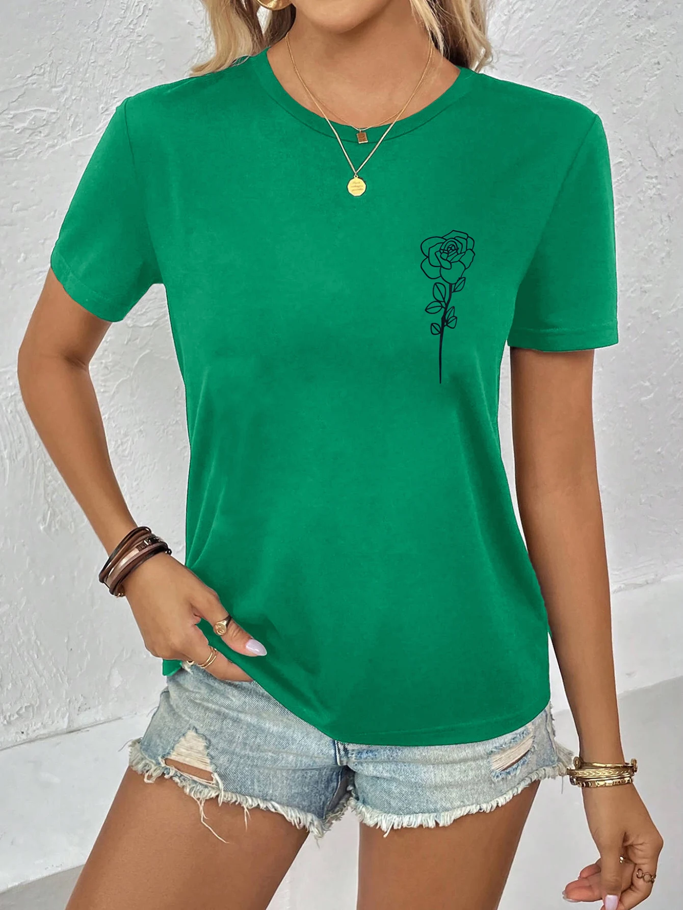 Летняя универсальная зеленая модная повседневная футболка с цветочным принтом