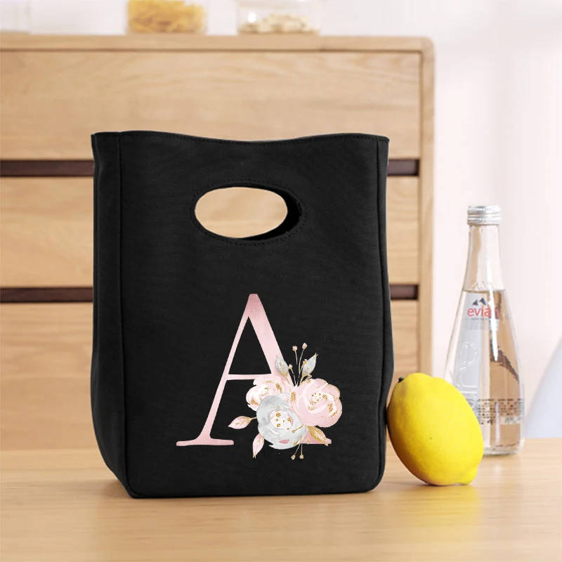 

New Rose Letters Print Thermal Insulated Lunch Bag Print Canvas HandBag Reusable Office Picnic School Food Storage Pouch Tote