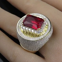 hip hop fashion big male wide red zircon stone geometric ring yellow gold iced out wedding rings for men women jewelry