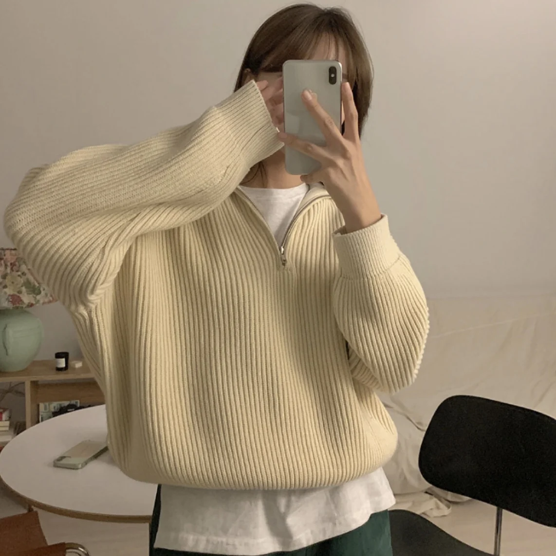 

Женский свитер с отложным воротником, однотонный плотный вязаный пуловер свободного покроя с рукавами-фонариками, на молнии, в винтажном ст...