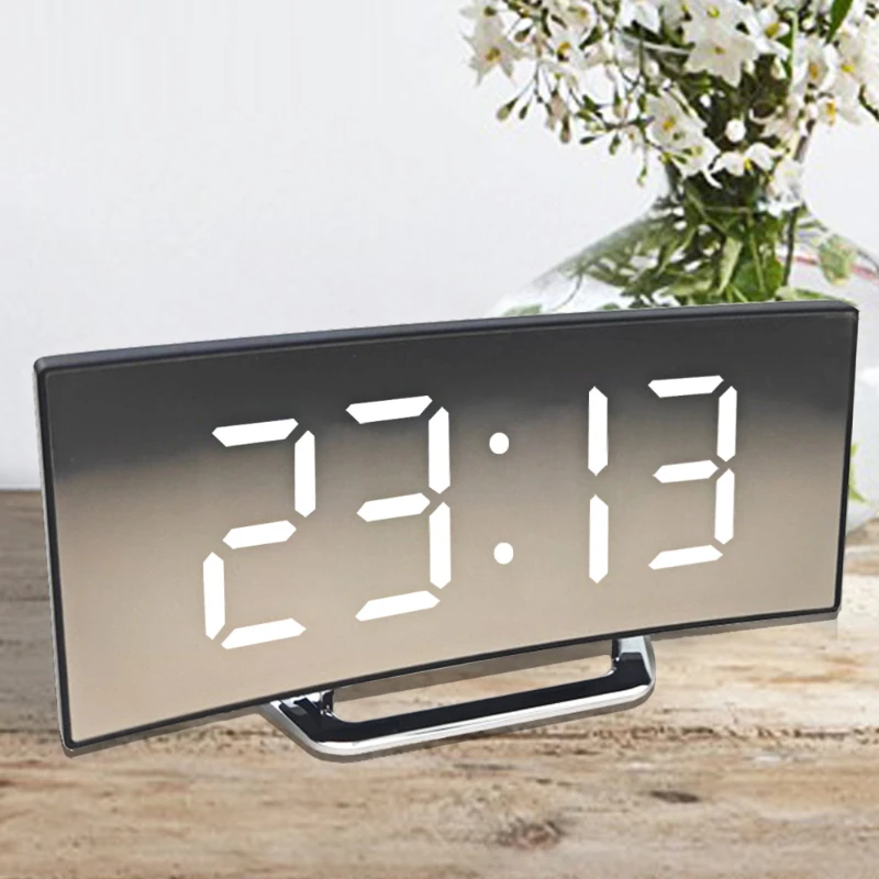

Digital Mirror LED Alarm Clocks Temperature Snooze Night Mode Curved Function Clocks For Bedroom Table Living Room Home Decor